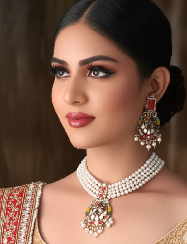 Elegant_Four-Strand_Pearl_Necklace_Set_with_Colorful_Gemstone_Pendant_and_Earrings