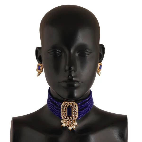 Elegant_Royal_Blue_Beaded_Choker_Necklace_Set_with_Kundan_and_Pearls