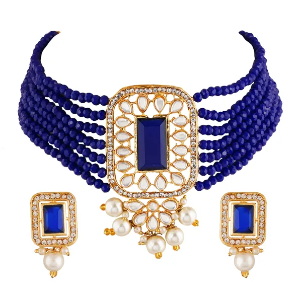 Elegant_Royal_Blue_Beaded_Choker_Necklace_Set_with_Kundan_and_Pearls