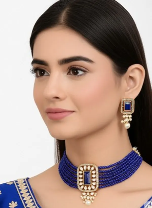 Elegant_Royal_Blue_Beaded_Choker_Necklace_Set_with_Kundan_and_Pearls