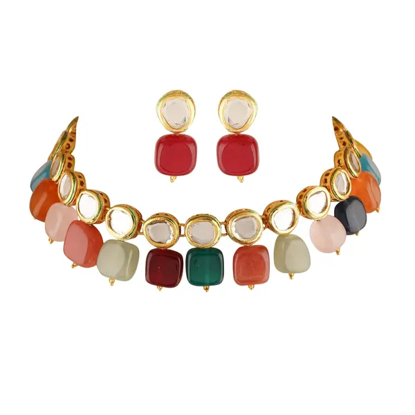 Multicolour_Traditional_Gold_Plated_Bridal_Choker_Necklace_&_Earrings_Set_Embellished_With_Kundan_&_Pearl_For_Women