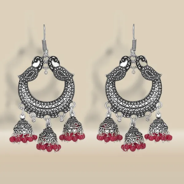 Silver_&_Red_Oxidised_Designer_Earrings_Indian_Vintage_Inspired_Pearls_Ethnic_Fashion_Jhumka_Earrings_For_Women