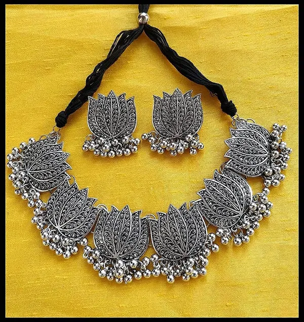 Silver_Oxidized_Handmade_Indian_Ethnic_Choker_Lotus_Necklace_Set_For_Women