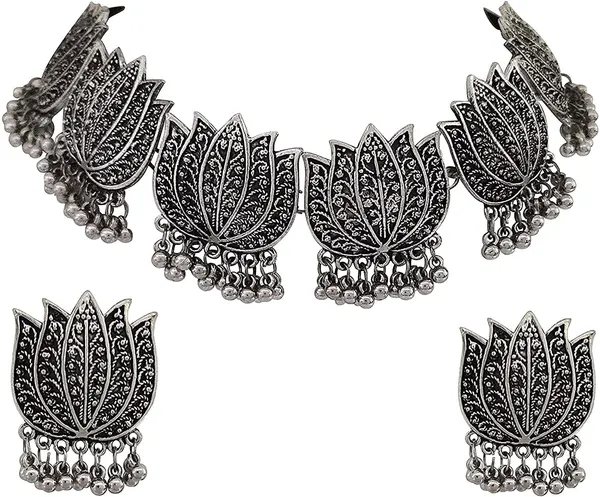 Silver_Oxidized_Handmade_Indian_Ethnic_Choker_Lotus_Necklace_Set_For_Women