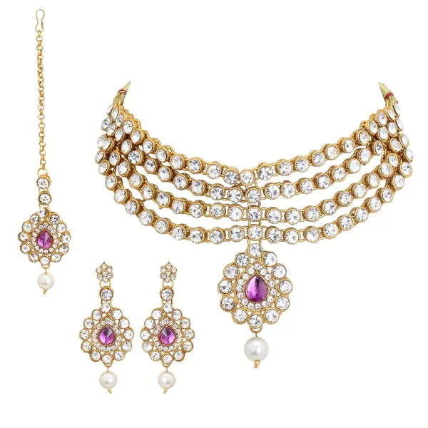 Gold_&_Clear_Indian_Bollywood_Style_4_Line_Kundan_Choker_Jewellery_Set_For_Women