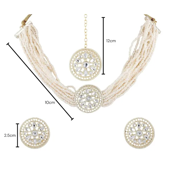 White_Traditional_Bridal_Choker_Necklace_&_Earrings_Set_With_Mangtika_Embellished_With_Kundan_&_Pearl_For_Women