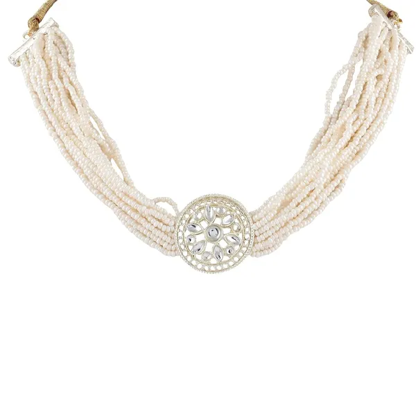 White_Traditional_Bridal_Choker_Necklace_&_Earrings_Set_With_Mangtika_Embellished_With_Kundan_&_Pearl_For_Women