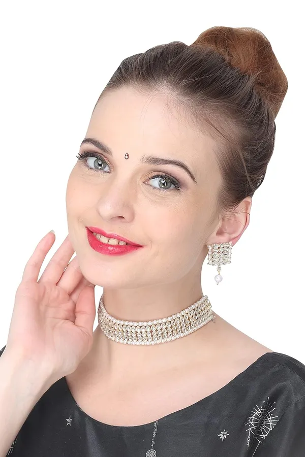 White_Traditional_Bridal_Choker_Necklace_&_Earrings_Set_Embellished_With_Stone_&_Pearl_For_Women