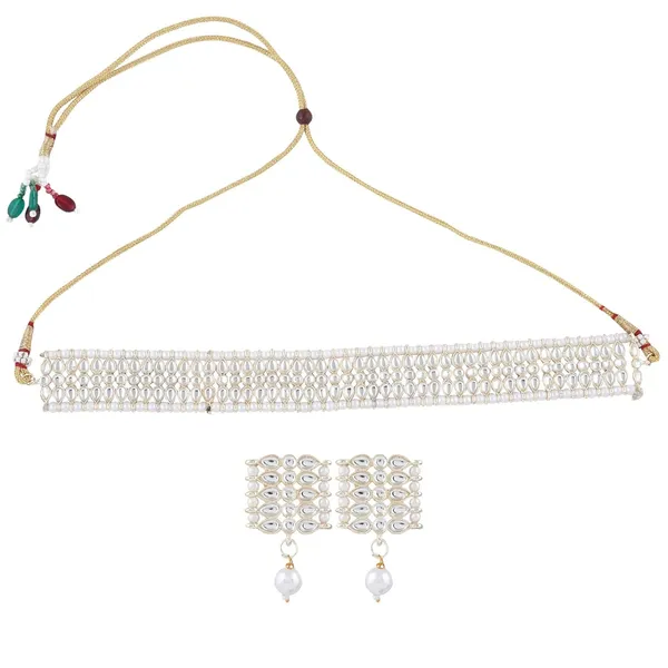 White_Traditional_Bridal_Choker_Necklace_&_Earrings_Set_Embellished_With_Stone_&_Pearl_For_Women