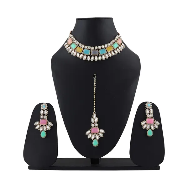 Multicolour_Traditional_Bridal_Necklace,_Mangtika_&_Earrings_Set_Embellished_With_Crystal_Stone_For_Women