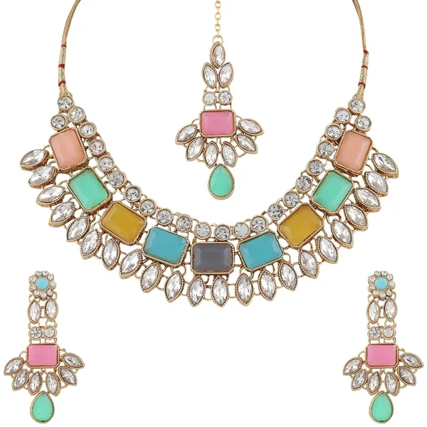 Multicolour_Traditional_Bridal_Necklace,_Mangtika_&_Earrings_Set_Embellished_With_Crystal_Stone_For_Women