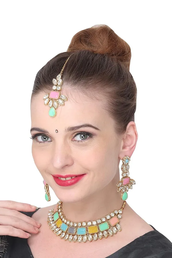 Multicolour_Traditional_Bridal_Necklace,_Mangtika_&_Earrings_Set_Embellished_With_Crystal_Stone_For_Women