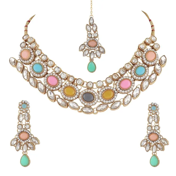 Multicolour_Traditional_Gold_Plated_Bridal_Necklace,_Maang_Tikka_&_Earrings_Set_For_Women