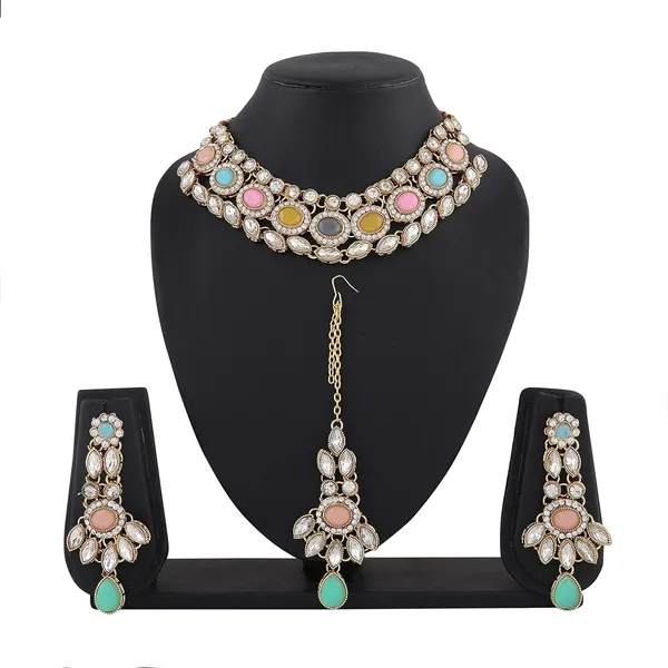 Multicolour_Traditional_Gold_Plated_Bridal_Necklace,_Maang_Tikka_&_Earrings_Set_For_Women