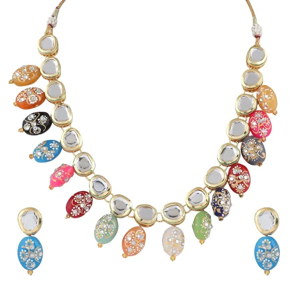 Multicolour_Traditional_Gold_Plated_Bridal_Choker_Necklace_&_Earrings_Set_Embellished_With_Kundan_Tone_For_Women