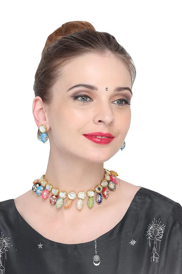 Multicolour_Traditional_Gold_Plated_Bridal_Choker_Necklace_&_Earrings_Set_Embellished_With_Kundan_Tone_For_Women