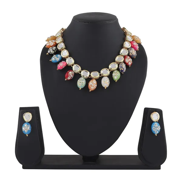 Multicolour_Traditional_Gold_Plated_Bridal_Choker_Necklace_&_Earrings_Set_Embellished_With_Kundan_Tone_For_Women