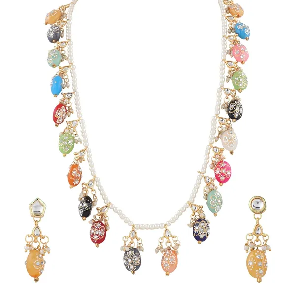 Multicolour_Traditional_Gold_Plated_Bridal_Choker_Necklace_&_Earrings_Set_Embellished_With_Kundan_Tone_For_Women