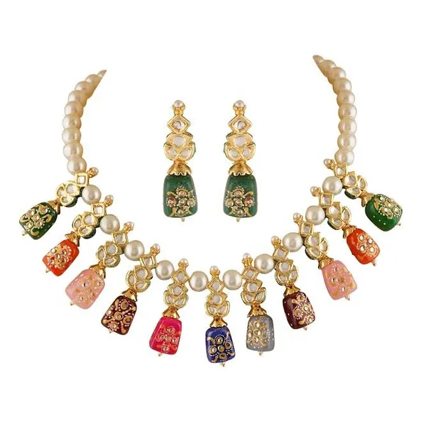 Multicolour_Traditional_Gold_Plated_Bridal_Choker_Necklace_&_Earrings_Set_Embellished_With_Kundan_Tone_For_Women