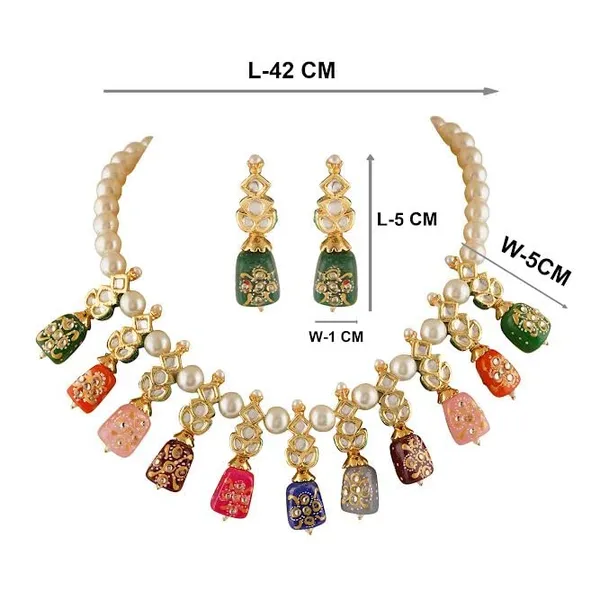 Multicolour_Traditional_Gold_Plated_Bridal_Choker_Necklace_&_Earrings_Set_Embellished_With_Kundan_Tone_For_Women