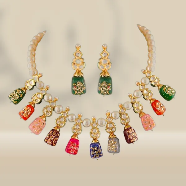 Multicolour_Traditional_Gold_Plated_Bridal_Choker_Necklace_&_Earrings_Set_Embellished_With_Kundan_Tone_For_Women
