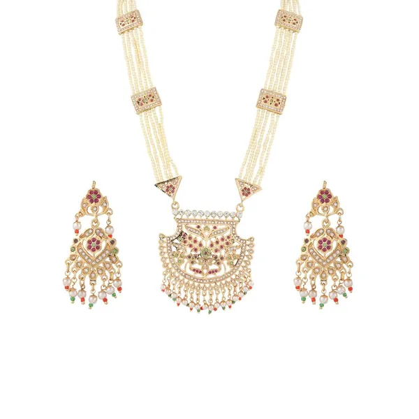 White_&_Gold_Plated_Bridal_Wear_Long_Choker_Necklace_&_Earrings_Set_For_Women