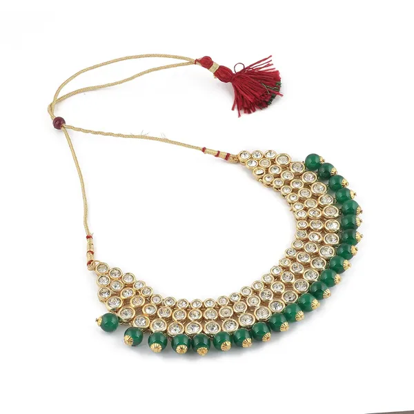 Green_&_Gold_Traditional_Embellished_Bridal_Choker_Necklace,_Maang_Tikka_&_Earring_Set_With_Kundan_&_Pearl_For_Women
