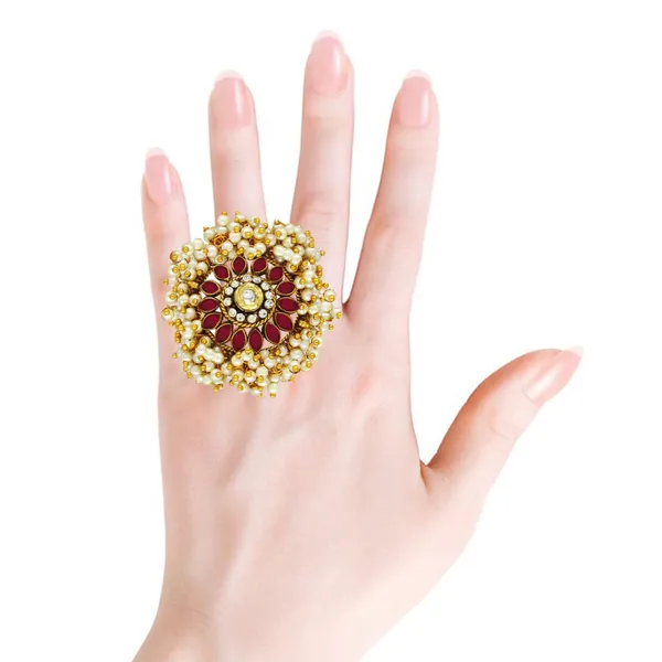 Gold-Plated_Adjustable_Mahroon_Cocktail_Kundan_Ring_for_Girls/Women