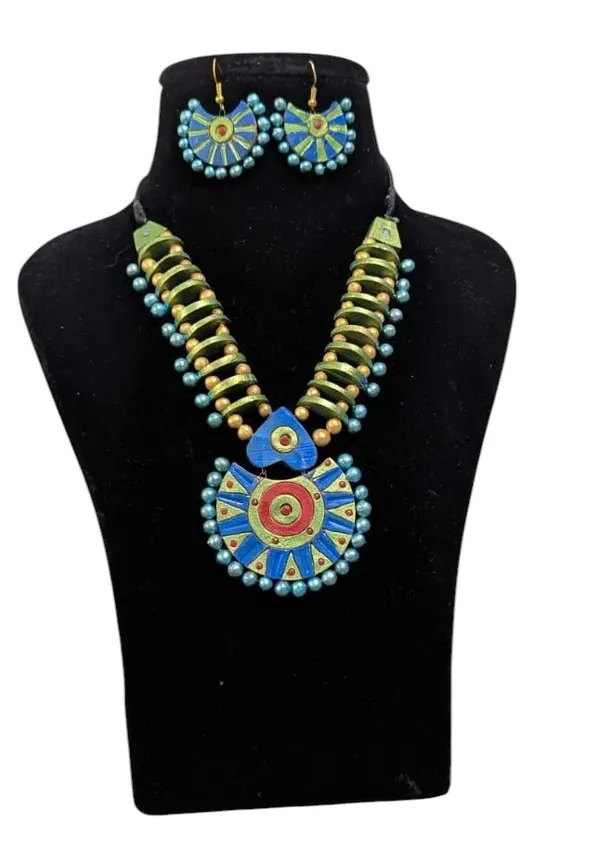 Handcrafted_Blue_&_Green_Terracotta_Artistic_Necklace_Set