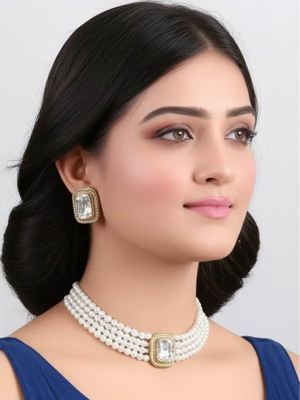 Silver_Pearl__4_Line_Gold_Plated_Square_Pendant_Earrings_Set