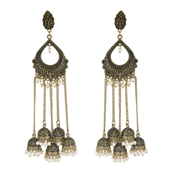 Gold_&_Black_Indian_Bohemian_Gold_Oxidized_Silver_Pearl_Long_Jhumka_Fashion_Jewelry_Earrings_For_Women