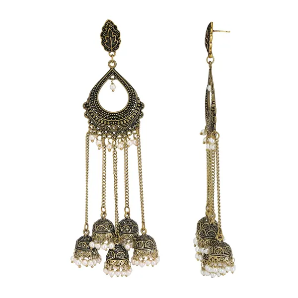 Gold_&_Black_Indian_Bohemian_Gold_Oxidized_Silver_Pearl_Long_Jhumka_Fashion_Jewelry_Earrings_For_Women