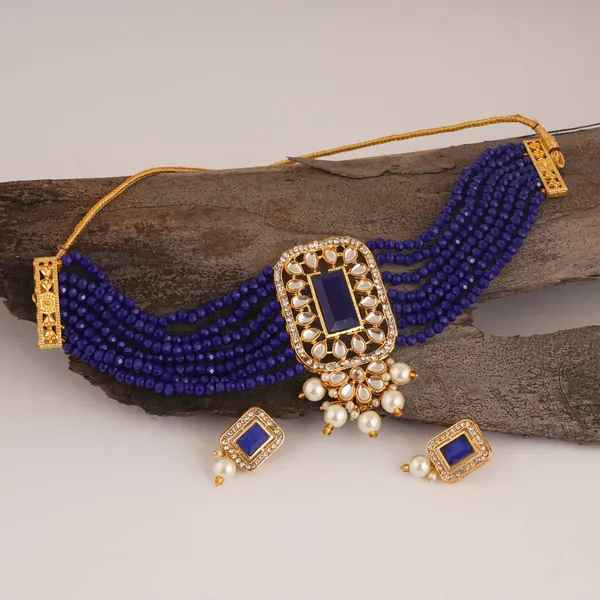 Elegant_Royal_Blue_Beaded_Choker_Necklace_Set_with_Kundan_and_Pearls