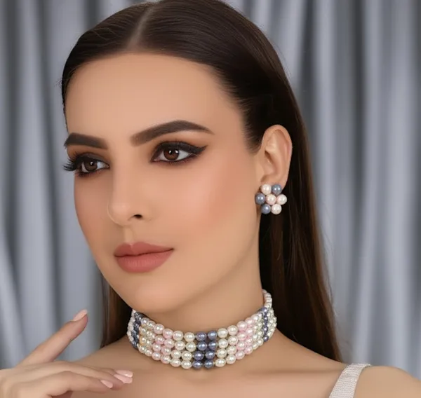 4_Layer_Multicolor_Pearl_Necklace_with_Stud_Earrings