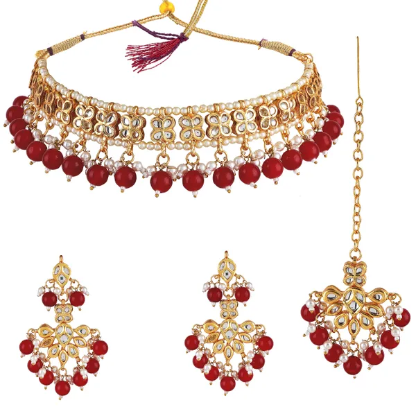 Red_Pearl_Gold_Plated_Kundan_Necklace_Set_With_Earrings_&_MaangTikka