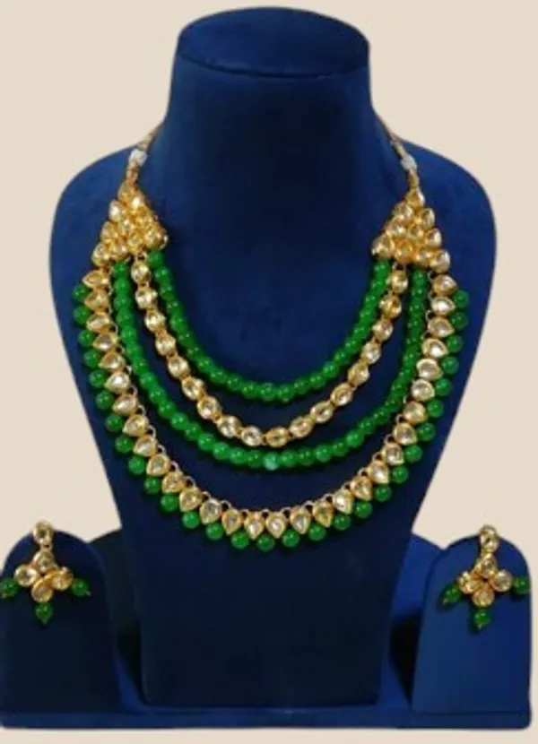 Three-Layered_Green_Beaded_Necklace_and_Kundan-Inspired_Earring_Set