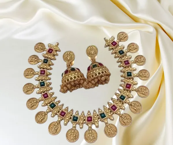 Traditional_Gold-Toned_Coin_Necklace_with_Jewel_Accents_&_Jhumka_Earring_Set