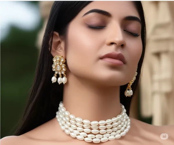 4_Layer_Silver_Pearl_Necklace_with_Stud_Earrings_For_Women_&_Girls