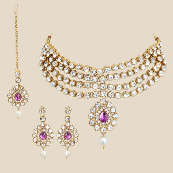 Gold_&_Clear_Indian_Bollywood_Style_4_Line_Kundan_Choker_Jewellery_Set_For_Women