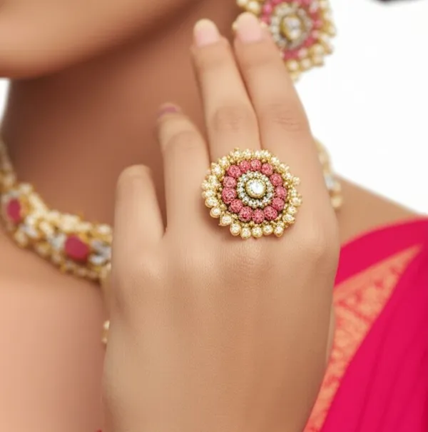 Gold-Plated_Adjustable_Pink_Cocktail_Kundan_Ring_for_Girls/Women