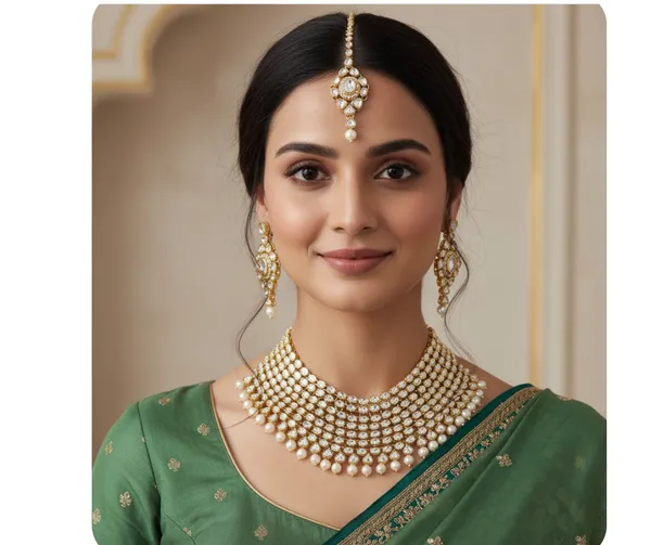 Exquisite_Kundan_&_Emerald_Green_Bridal_Necklace_Set_with_Maang_Tikka_and_Earrings