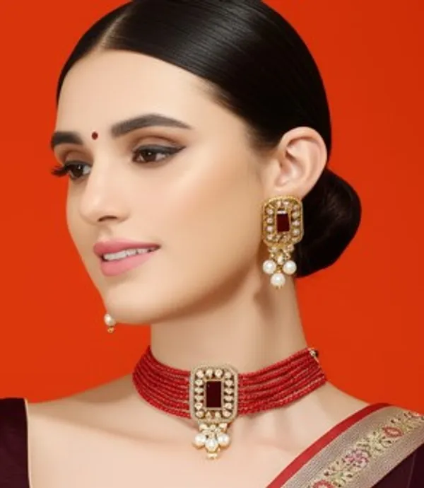 Vibrant_Ruby_Red_Beaded_Choker_Necklace_Set_with_Kundan_and_Pearls
