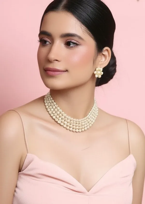 4_Layer_Silver_Pearl_Necklace_with_Stud_Earrings_For_Women_&_Girls