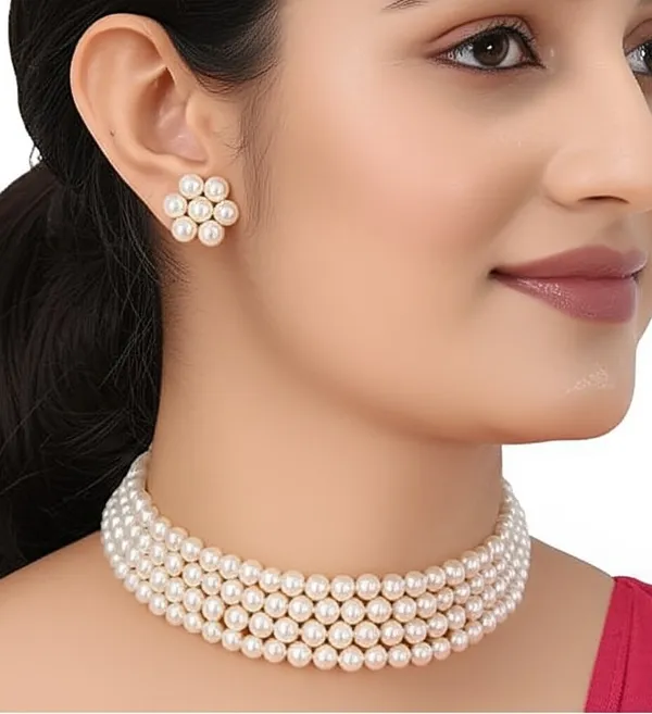 4_Layer_Silver_Pearl_Necklace_with_Stud_Earrings_For_Women_&_Girls