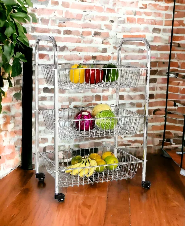 Stainless_Steel_3_Step_Fruit/Vegetable_Rack/Onion/Potato/Basket/Wheel/Kitchen_Organizer_Trolley_Stainless_Steel_Kitchen_Trolley_27.5_X_13.5_X_11.8_Inch