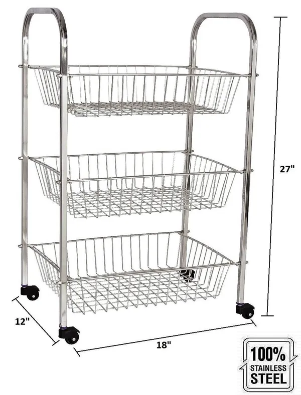 Stainless_Steel_3_Step_Fruit/Vegetable_Rack/Onion/Potato/Basket/Wheel/Kitchen_Organizer_Trolley_Stainless_Steel_Kitchen_Trolley_27.5_X_13.5_X_11.8_Inch