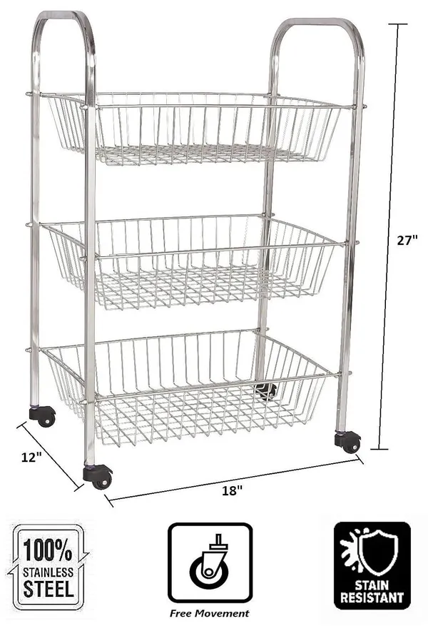 Stainless_Steel_3_Step_Fruit/Vegetable_Rack/Onion/Potato/Basket/Wheel/Kitchen_Organizer_Trolley_Stainless_Steel_Kitchen_Trolley_27.5_X_13.5_X_11.8_Inch