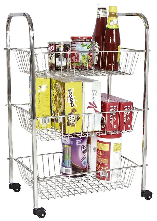 Stainless_Steel_3_Step_Fruit/Vegetable_Rack/Onion/Potato/Basket/Wheel/Kitchen_Organizer_Trolley_Stainless_Steel_Kitchen_Trolley_27.5_X_13.5_X_11.8_Inch