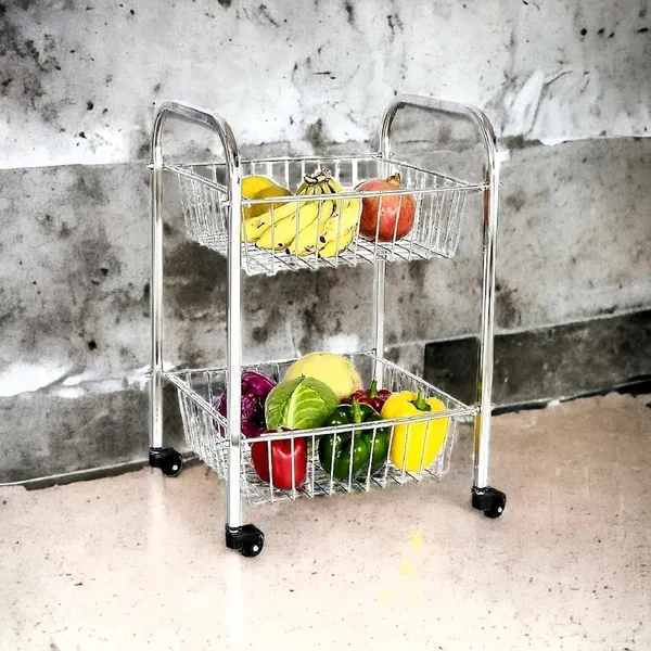 Stainless_Steel_Basket/Onion/Potato/Grocery/Fruit/Kitchen_Wheel_Trolley_2_Layer/Tier_Medium_Size_Stainless_Steel_Kitchen_Trolley_30_X_30_X_50_Cm