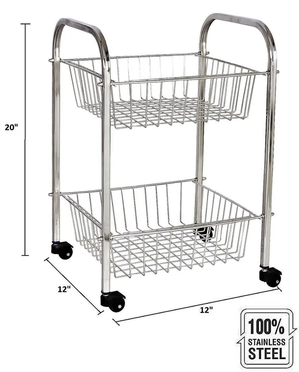 Stainless_Steel_Basket/Onion/Potato/Grocery/Fruit/Kitchen_Wheel_Trolley_2_Layer/Tier_Medium_Size_Stainless_Steel_Kitchen_Trolley_30_X_30_X_50_Cm